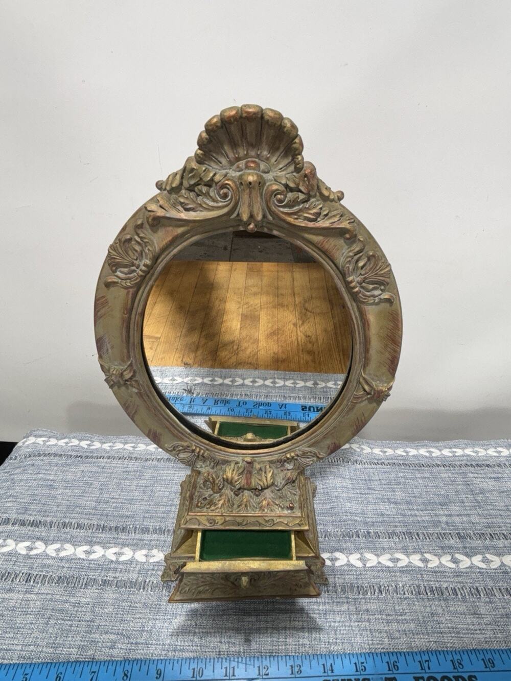 Vintage Rococo Vanity Mirror Jewelry Drawer Ornate Gold Resin 15 Inch